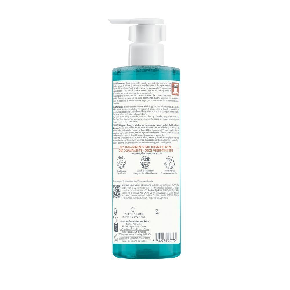 Rückseite einer Flasche Avène Cleanance Reinigungsgel mit Inhaltsstoffen und Zertifizierungen.