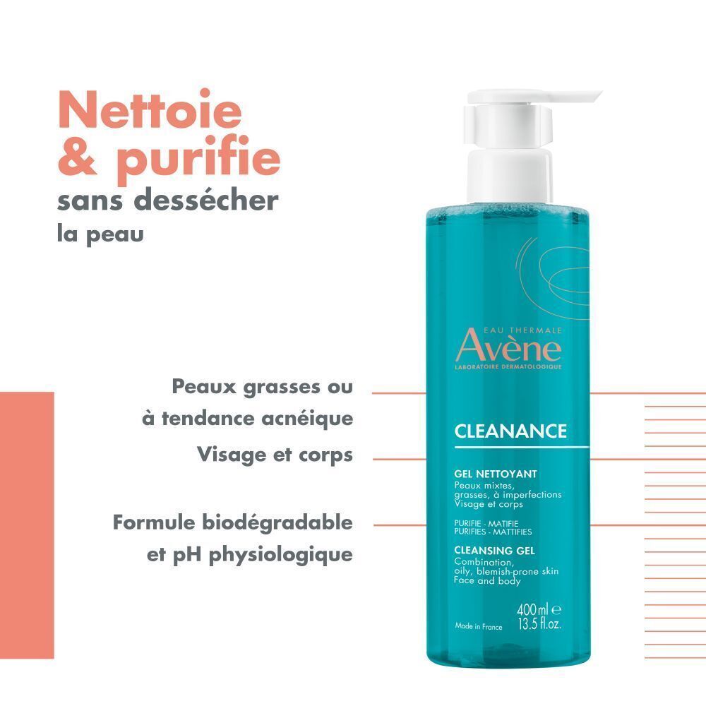 Gel Nettoyant Avène Cleanance, 400ml, pour peaux grasses ou à tendance acnéique, visage et corps.