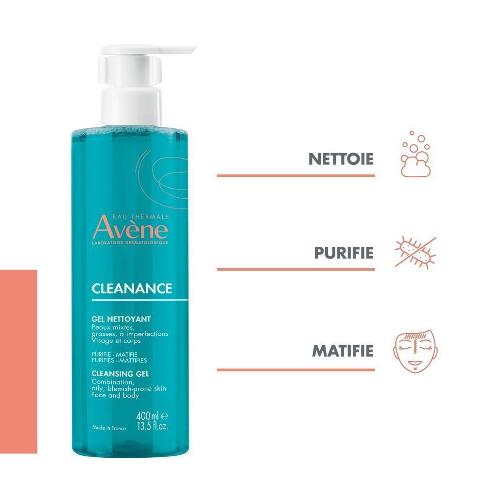 Gel Nettoyant Avène Cleanance, Eau Thermale, Concentré Comedomed, Crème Solaire SPF50+.