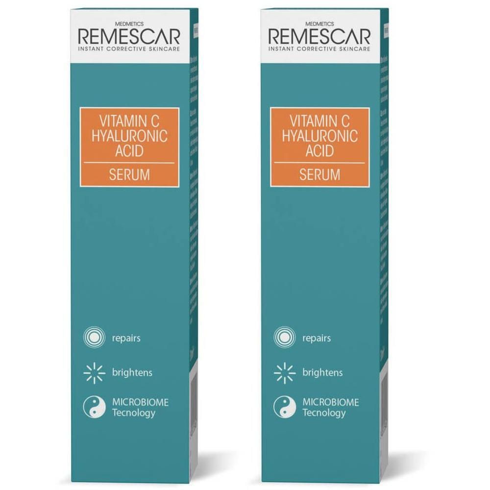 Deux paquets de Remescar Sérum Vitamine C Acide Hyaluronique. Chaque paquet indique le nom du produit et les avantages.