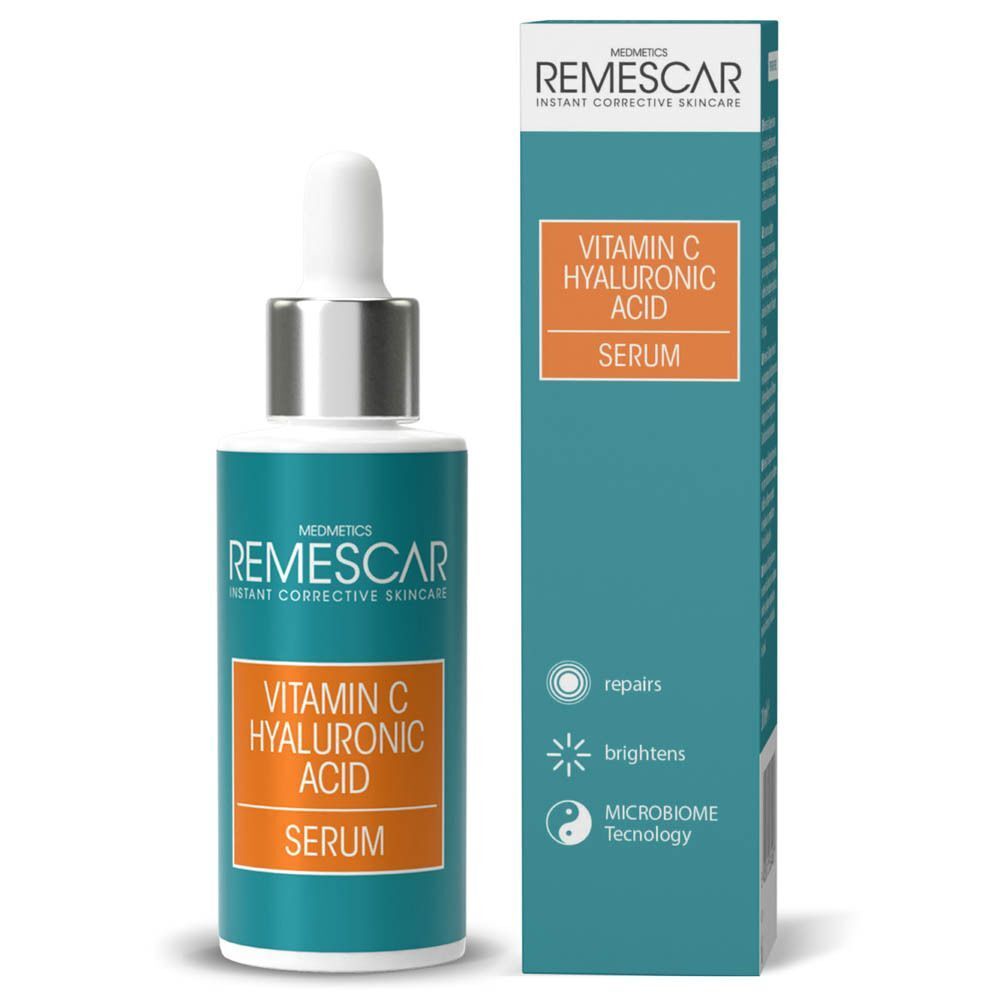 Flacon et emballage du sérum Remescar Vitamine C Acide Hyaluronique. Le sérum est dans une bouteille en verre avec pipette.