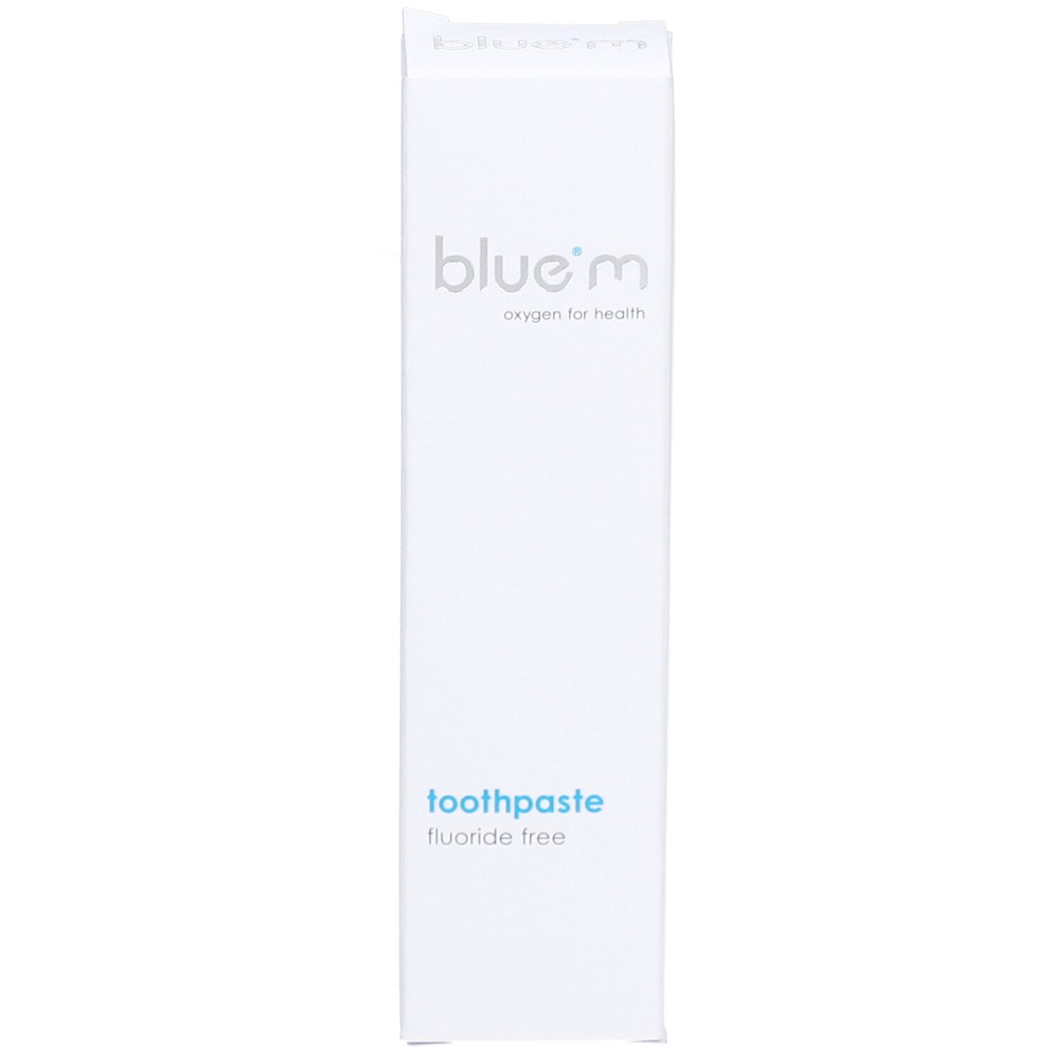 Boîte blanche avec texte bleu®m et dentifrice sans fluor. Inscription : oxygen for health.