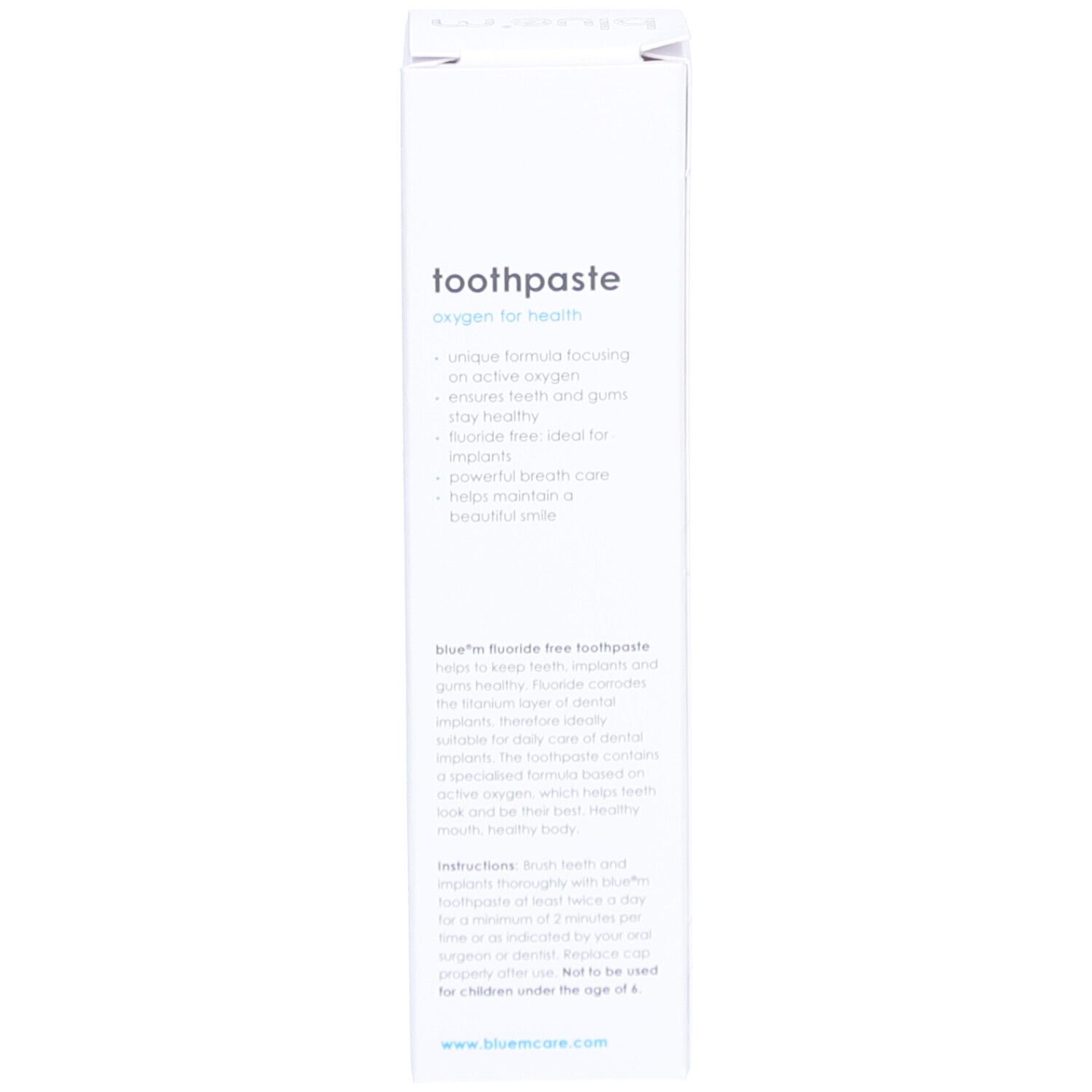 Dos de la boîte. Texte : dentifrice, oxygen for health. Description du produit et instructions d'utilisation.