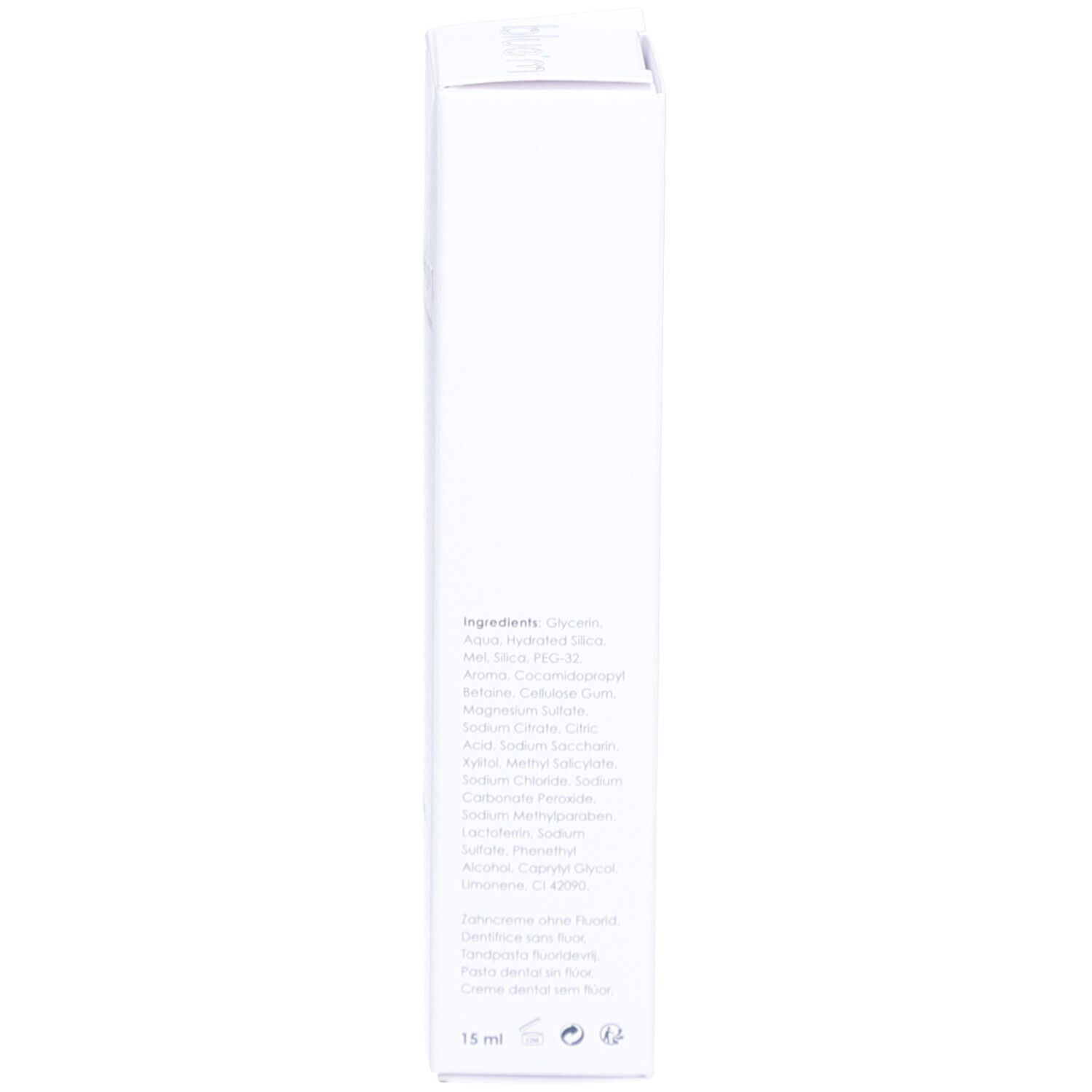 Dos de la boîte. Ingrédients et informations du fabricant visibles. Volume : 15 ml.