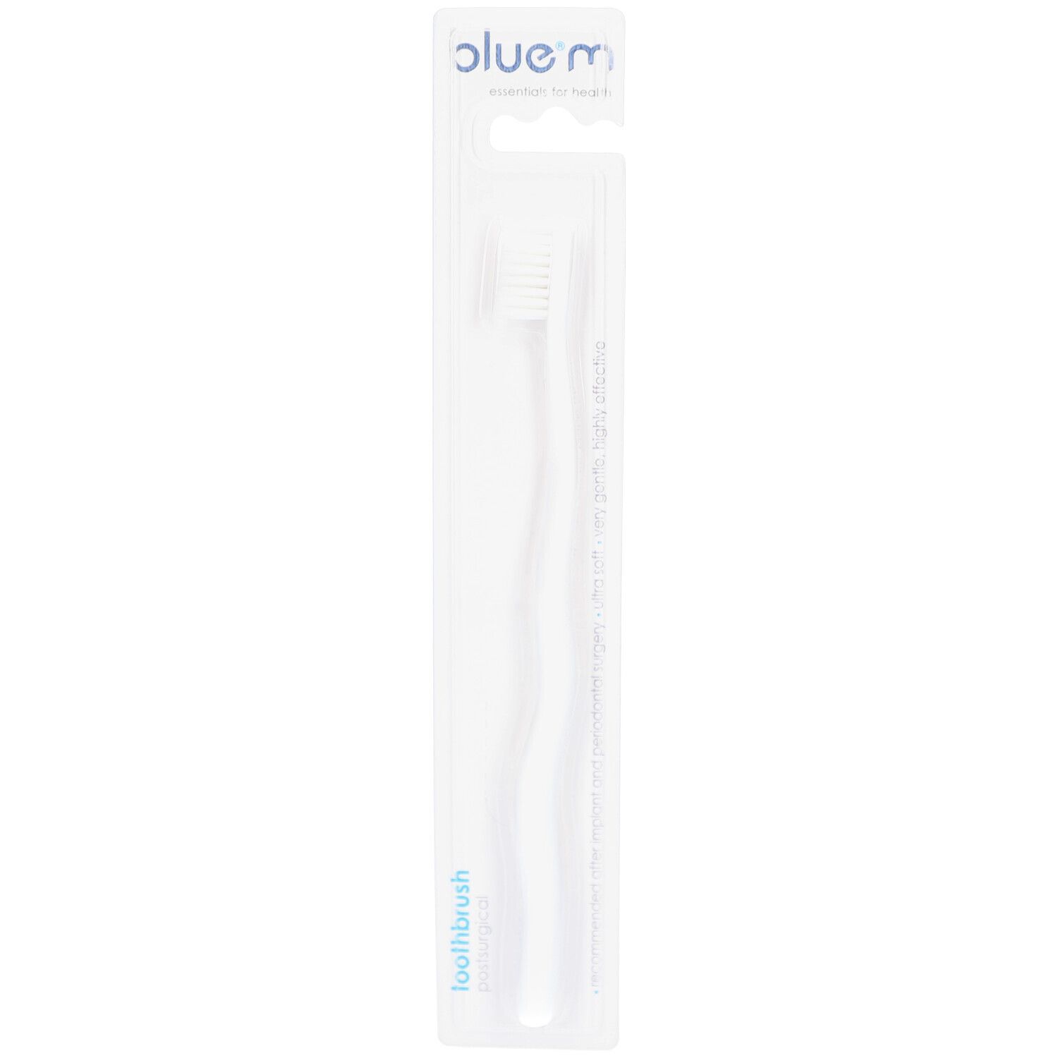 Zahnbürste in transparenter Verpackung. Weißer Bürstenkopf, blauer Griff. Text: blue®m, toothbrush postsurgical.
