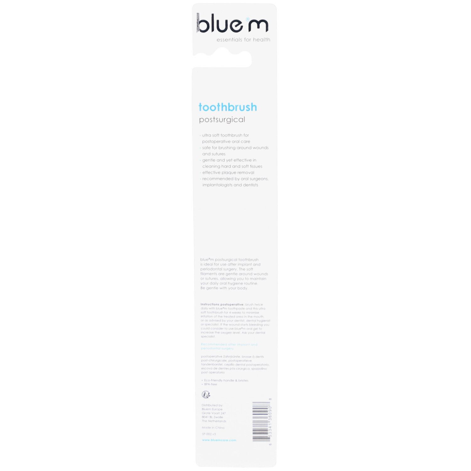Rückseite der Zahnbürstenverpackung. Text: blue®m, toothbrush postsurgical. Beschreibung und Anweisungen.