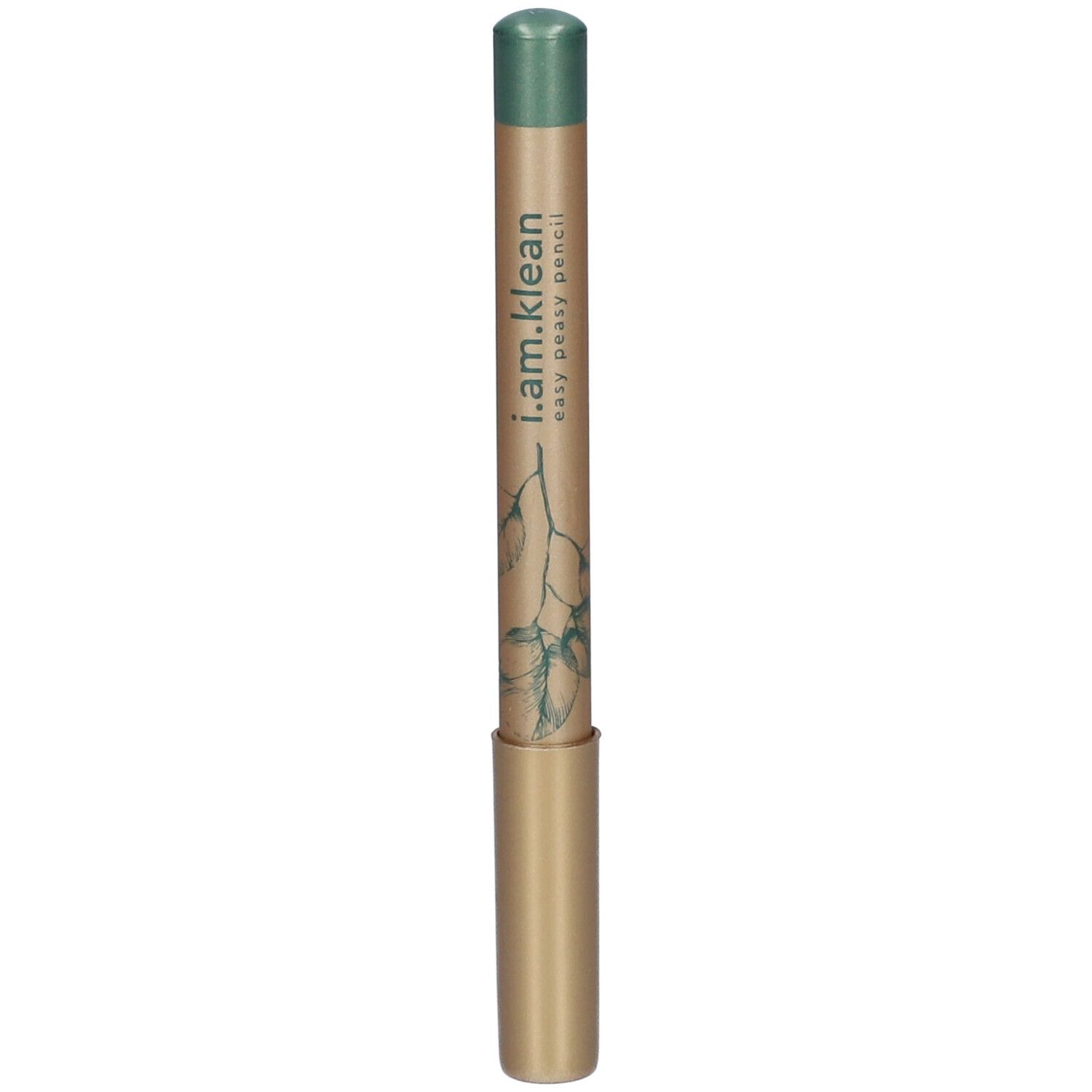 Grüner Bleistift mit goldfarbenem Schaft. Aufschrift: i.am.klean easy peasy pencil. Pflanzliches Design.