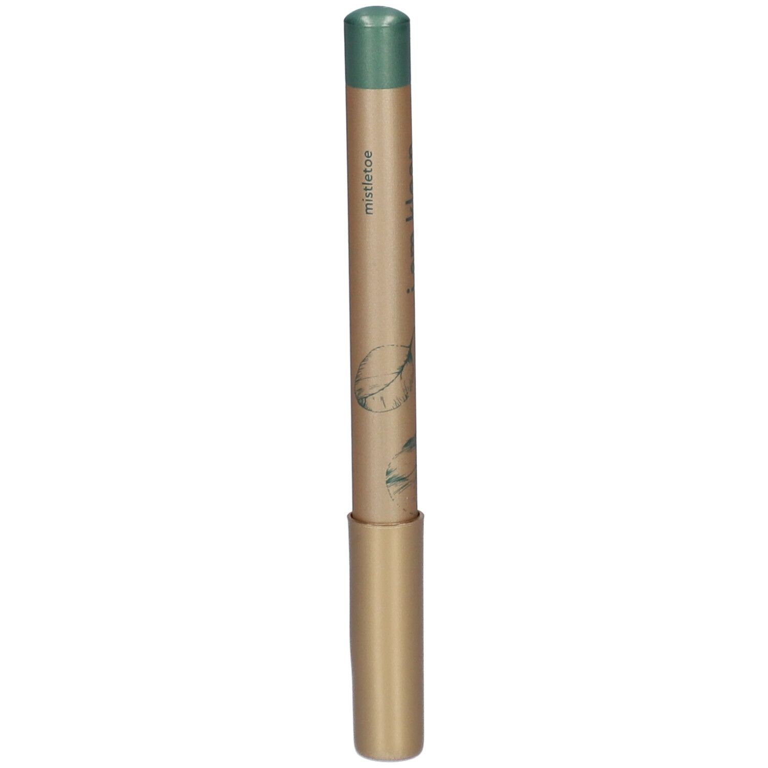 Grüner Bleistift mit goldfarbenem Schaft. Aufschrift: mistletoe. Pflanzliches Design.