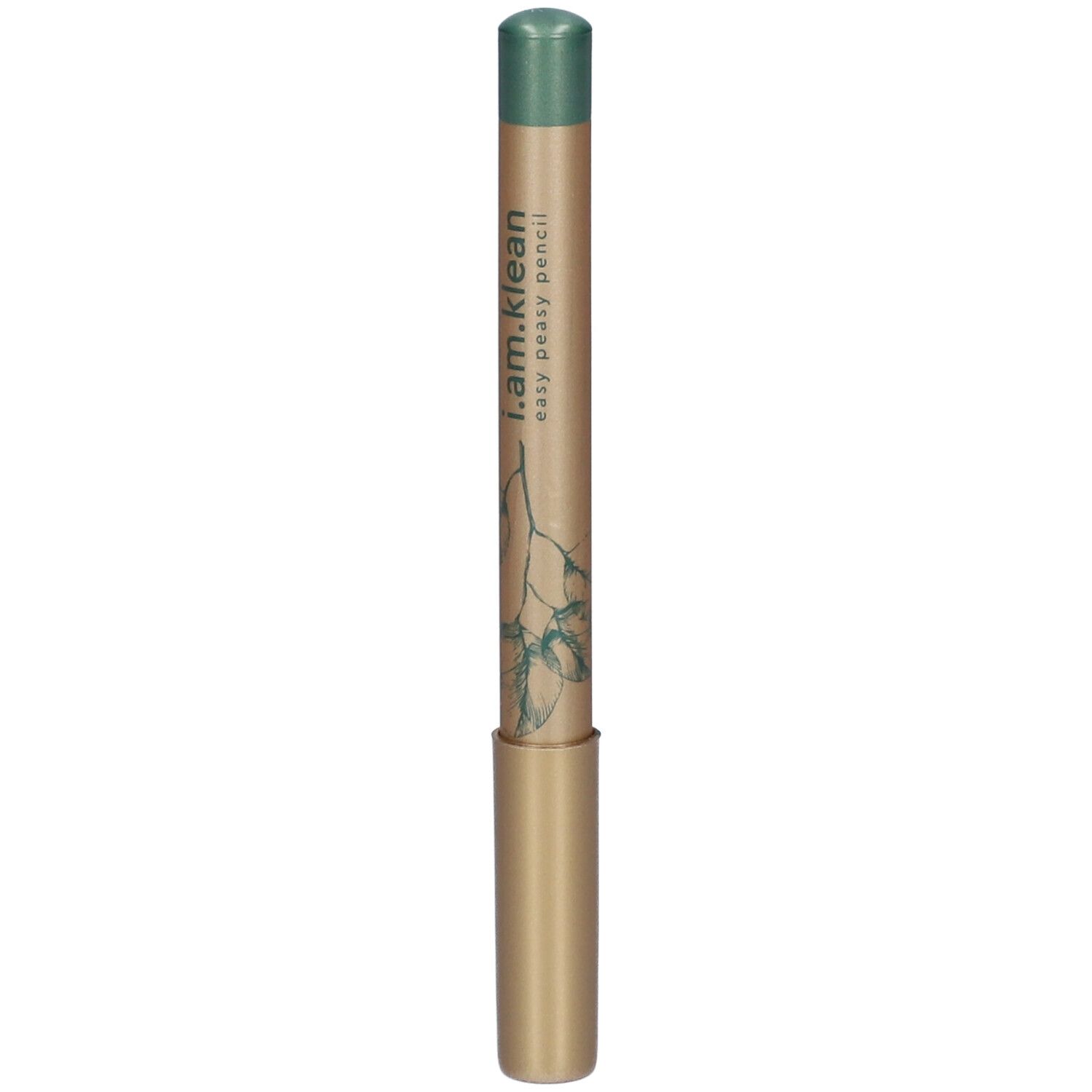Grüner Bleistift mit goldfarbenem Schaft. Aufschrift: i.am.klean easy peasy pencil. Pflanzliches Design.