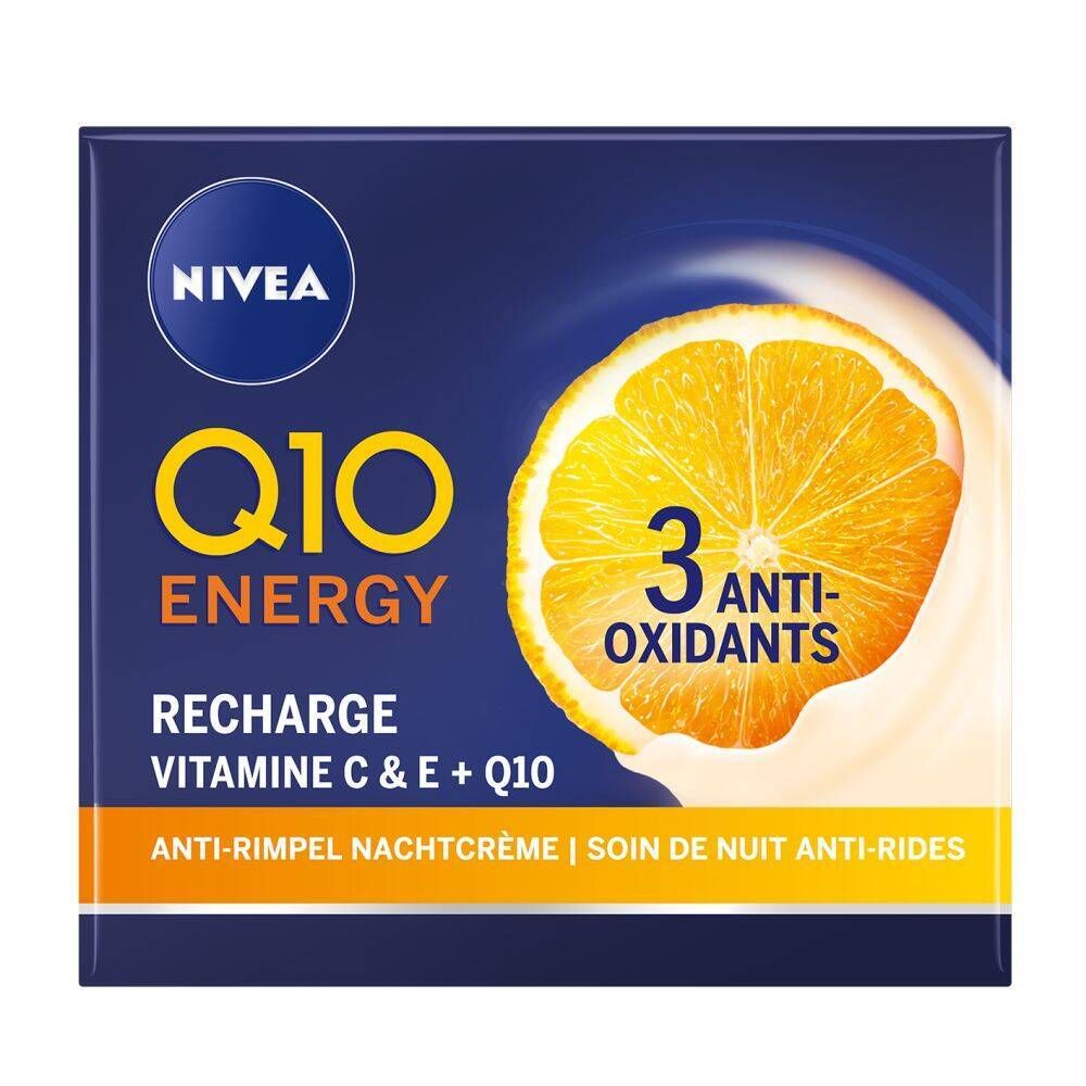 Emballage bleu avec logo Q10 Energy jaune et logo Nivea. Image d'une orange. Texte : Soin de nuit anti-rides.