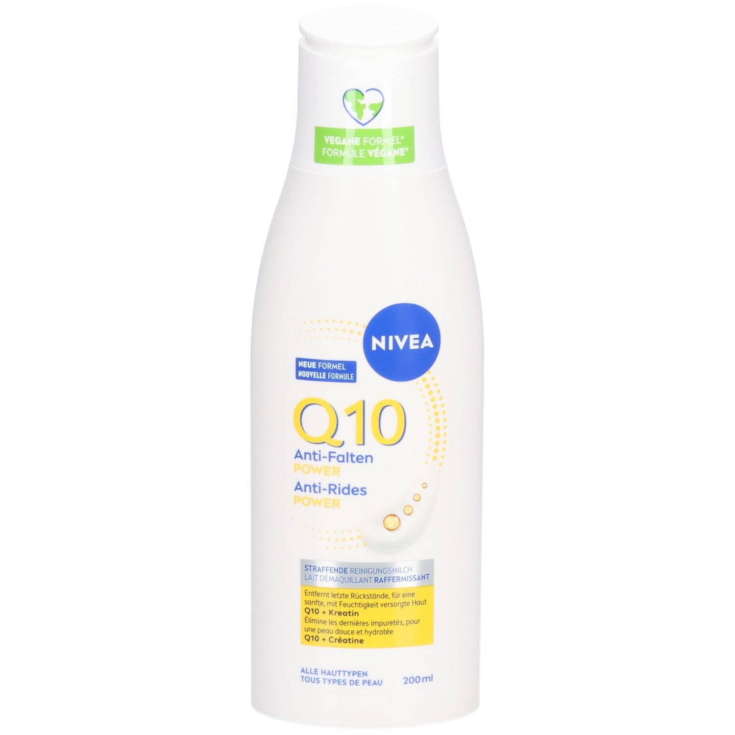 Weiße Flasche NIVEA Q10 Power Anti-Falten Reinigungsmilch. Blauer Kreis mit Logo. Gelbes Etikett mit Text. Vegan-Siegel.