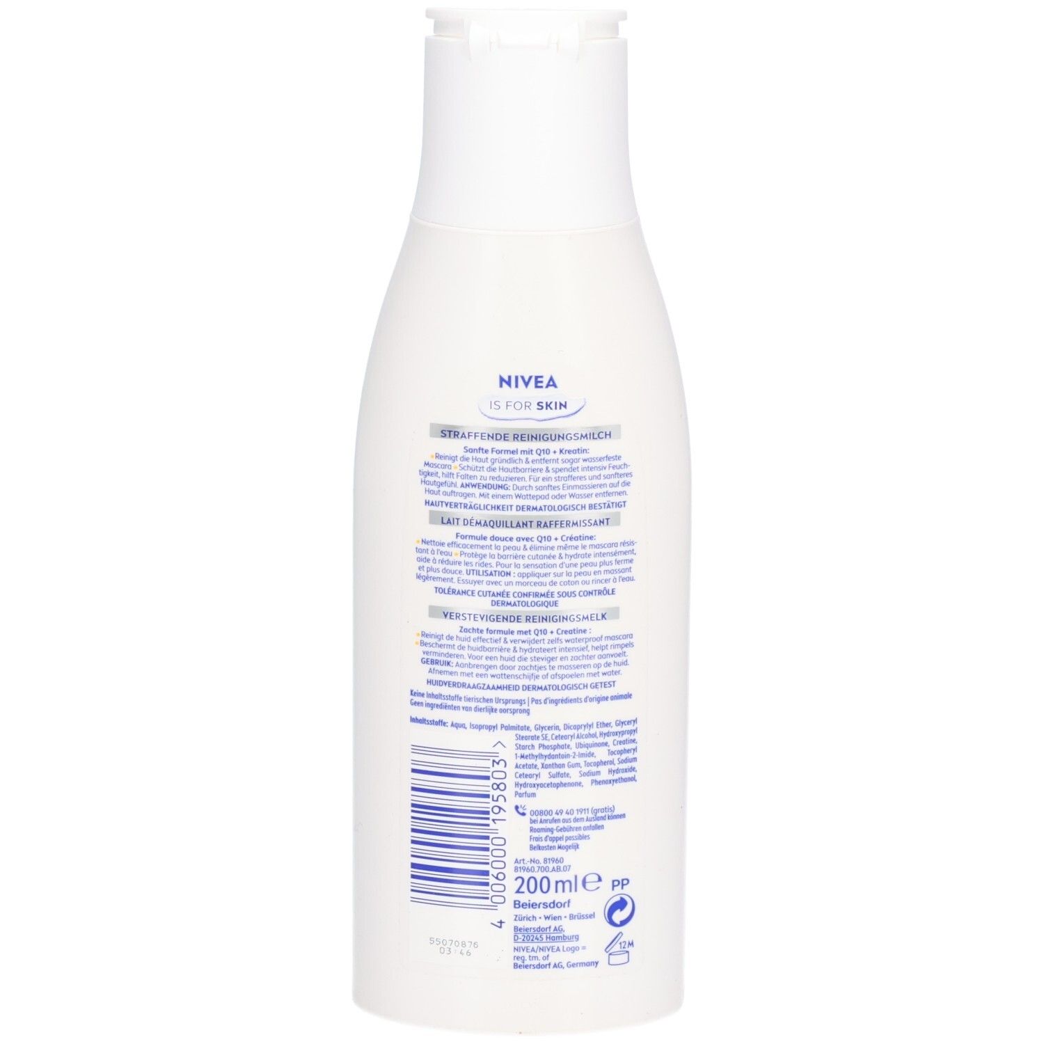 Rückseite der weißen NIVEA-Flasche. Text in mehreren Sprachen. Barcode und Volumenangabe: 200ml.