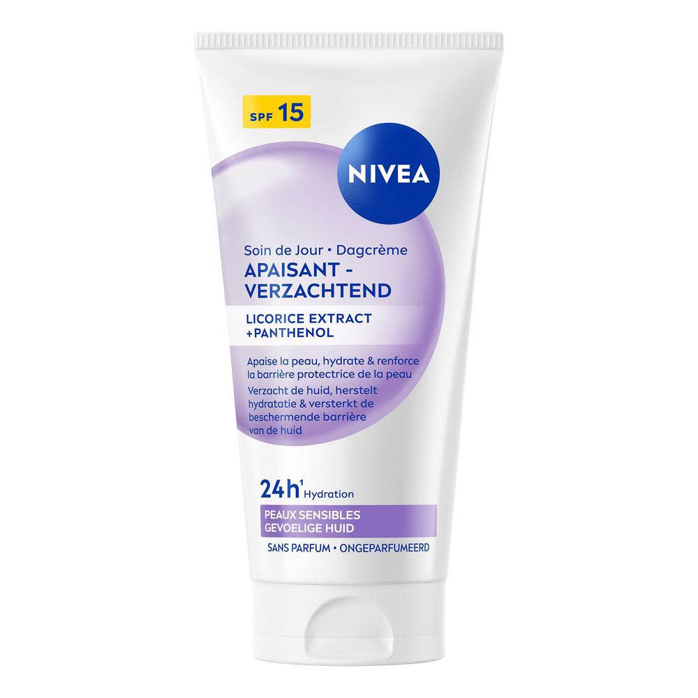 Tube NIVEA Soin de Jour Apaisant SPF15, 50ml, pour peaux sensibles.