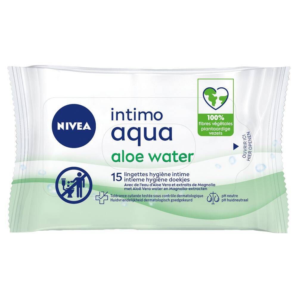 Paquet de lingettes intimes Nivea Intimo Aqua Aloe Water. Contient 15 lingettes. Avec Aloe Vera et extraits de Magnolia. pH neutre.
