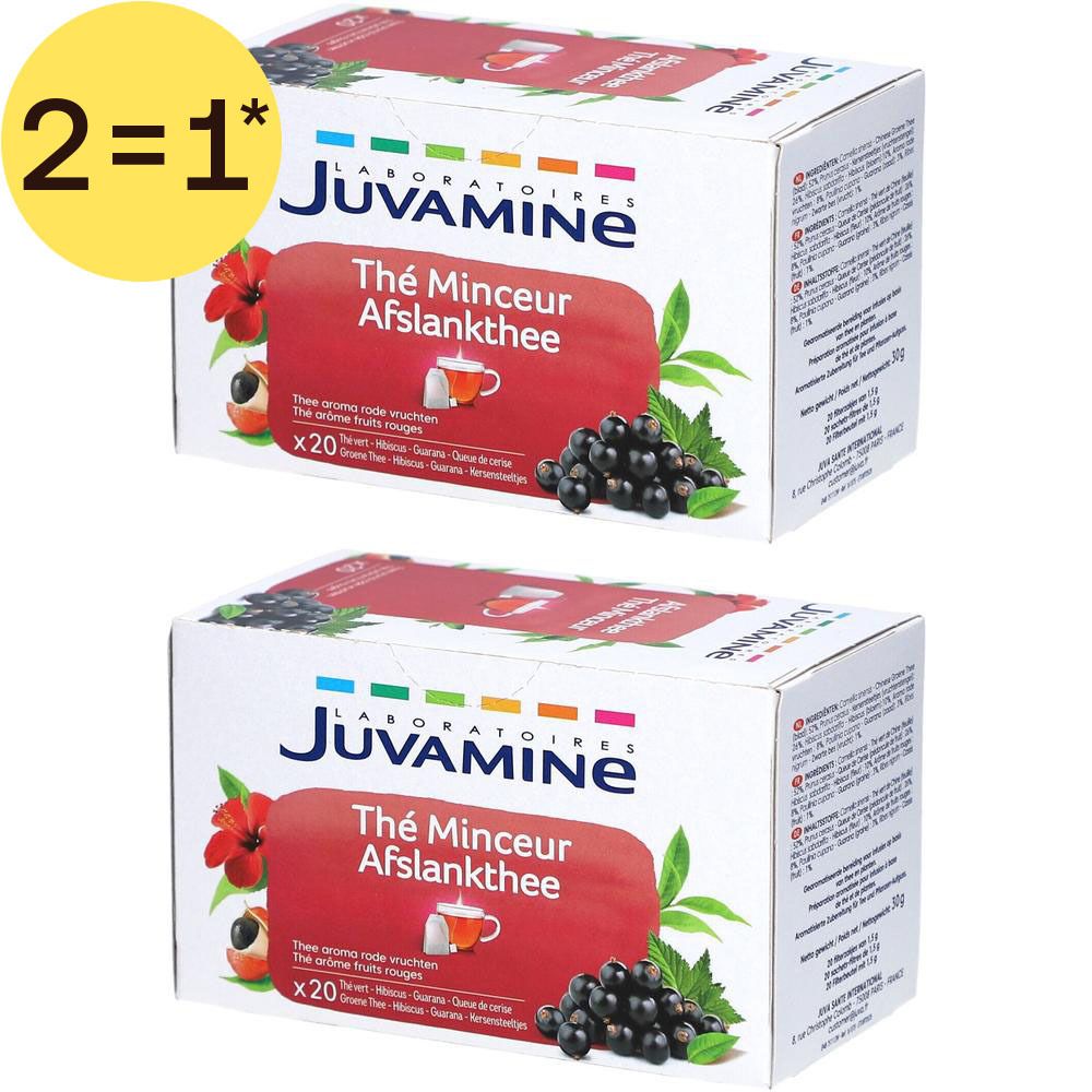 Deux boîtes de Juvamine Thé Minceur Afslankthee avec cassis et fleur rouge.