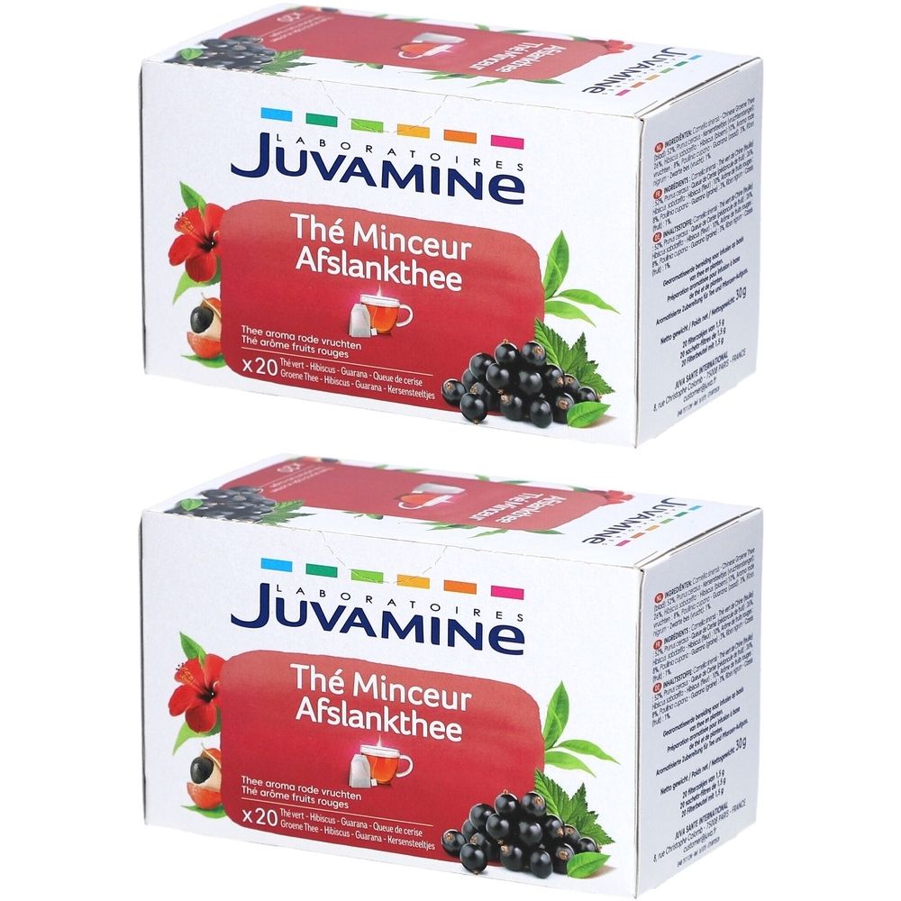 Deux boîtes de Juvamine Thé Minceur Afslankthee avec cassis et fleur rouge.
