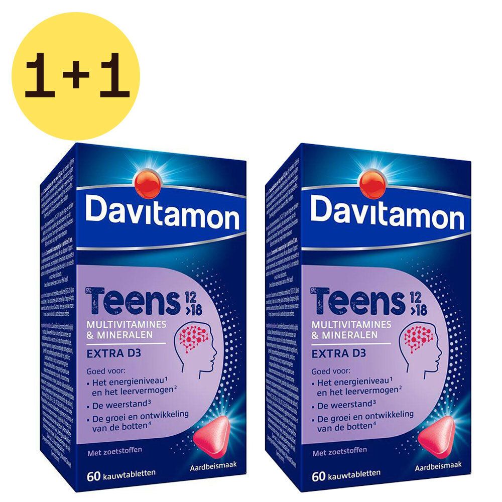 Zwei Packungen Davitamon Teens Multivitamine. Aufschrift: 1+1 GRATUIT. Enthält 60 Kautabletten. Mit Erdbeergeschmack.
