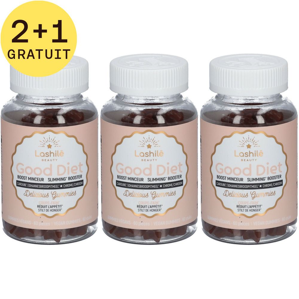 Trois flacons Good Diet LASHILE Beauty avec autocollant 2+1 gratuit. Flacons transparents, bouchons blancs, étiquettes. Gummies visibles.
