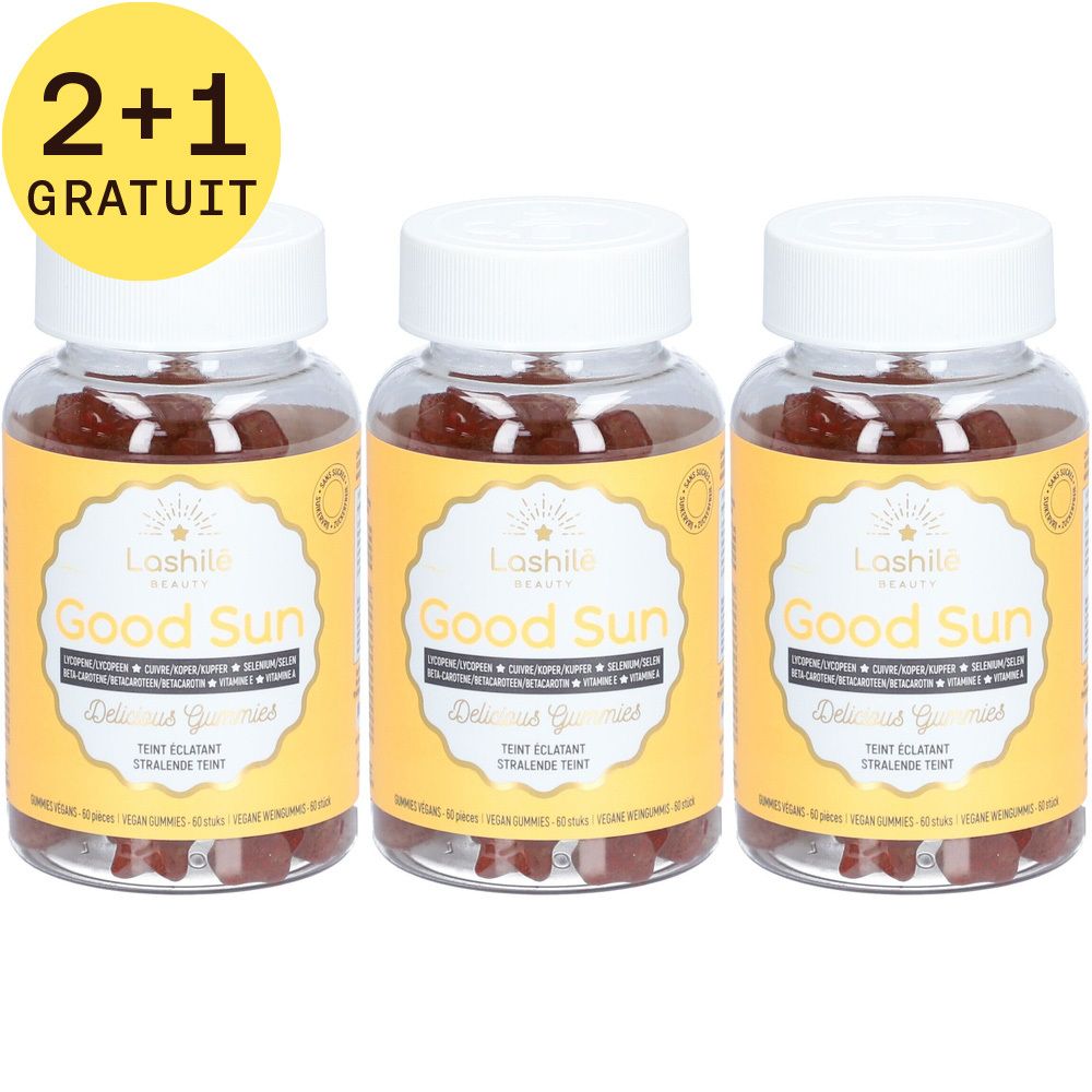 Trois flacons avec étiquettes jaunes. Inscription: Good Sun. Gummies visibles. Bouchons blancs. Cercle jaune avec "2+1 GRATUIT".