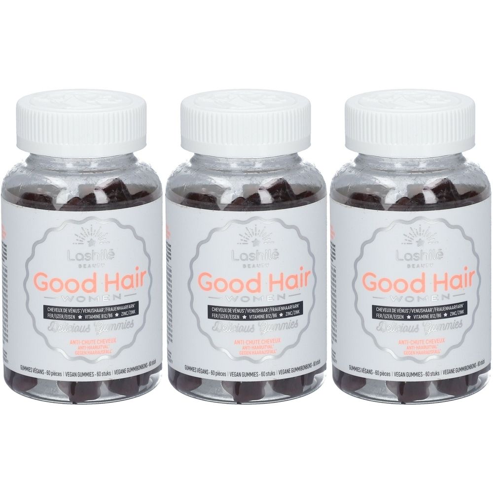 Trois flacons avec bouchons blancs. Étiquettes : "Good Hair Women" et "Lashilé Beauty". Gummies visibles.