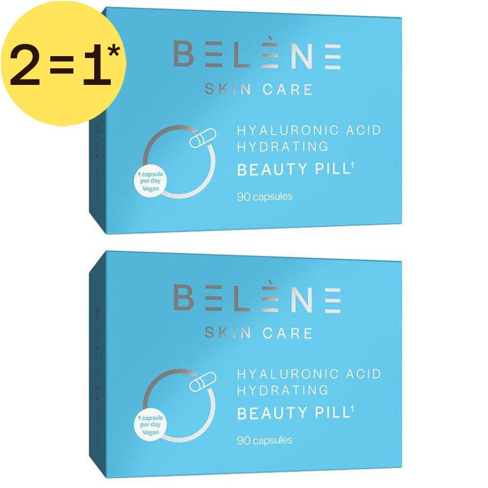 Deux boîtes de pilules de beauté à l'acide hyaluronique BELENE Skin Care, 90 gélules par boîte, avec un autocollant 2=1*.