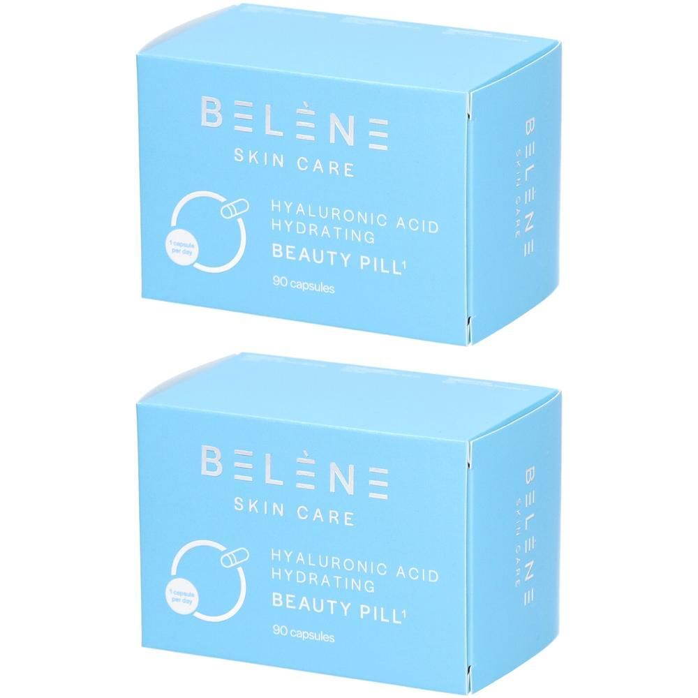 Deux boîtes de pilules de beauté à l'acide hyaluronique BELENE Skin Care, 90 gélules par boîte.
