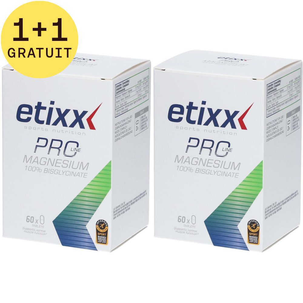 Deux boîtes blanches avec graphiques bleus et verts. Inscription: etixx PRO Magnesium 100% Bisglycinate. 60 gélules. Avec label de qualité. 1+1 Gratuit.