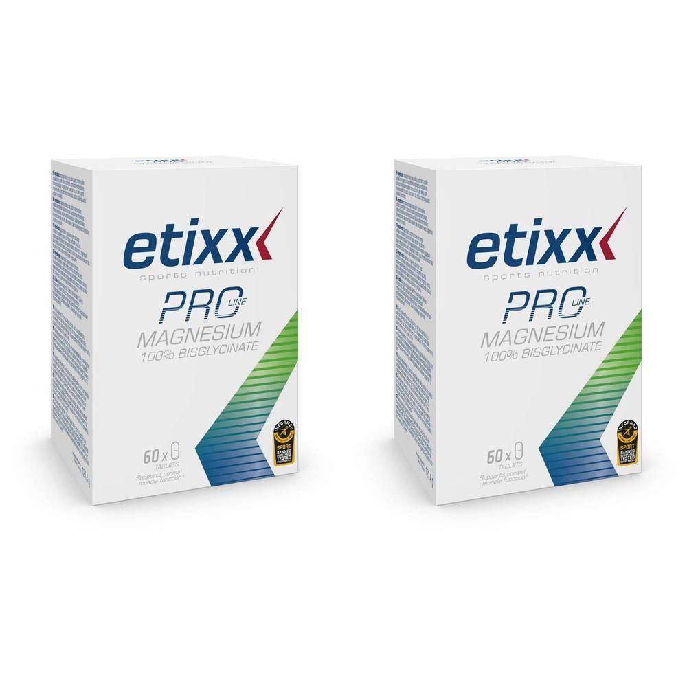 Zwei weiße Kartons mit blauer und grüner Grafik. Aufschrift: etixx PRO Magnesium 100% Bisglycinat. 60 Kapseln. Mit Qualitätssiegel.