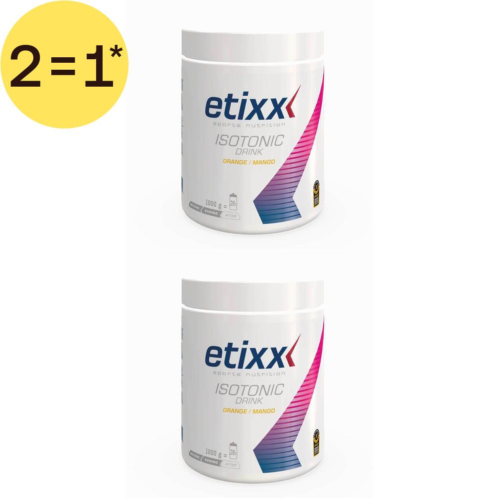 Deux pots de Etixx Isotonic Drink Orange/Mango, 1000g, offre 2=1.