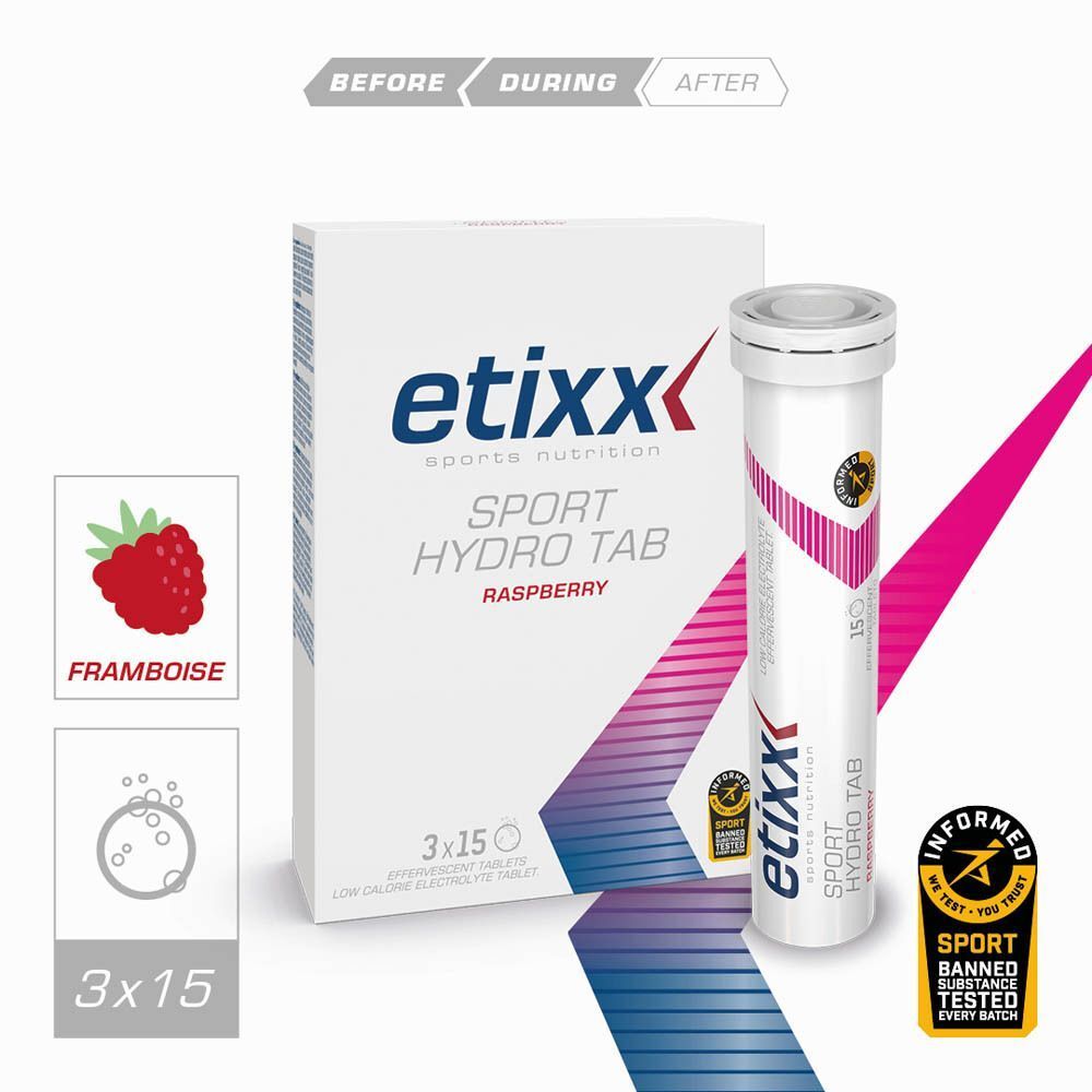 Etixx Sport Hydro Tab Himbeere: Eine Packung mit 3 Röhrchen à 15 Brausetabletten. Informed Sport zertifiziert.