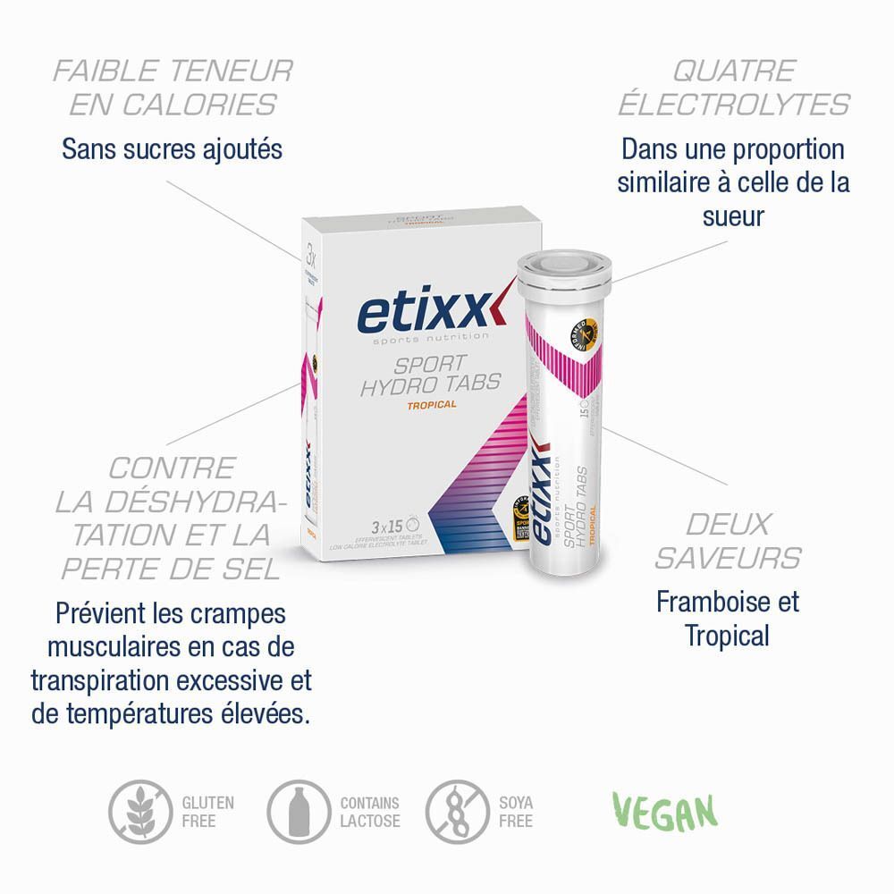 Etixx Sport Hydro Tabs: Röhrchen und Karton mit Elektrolyttabletten. Geschmacksrichtungen Himbeere und Tropisch.