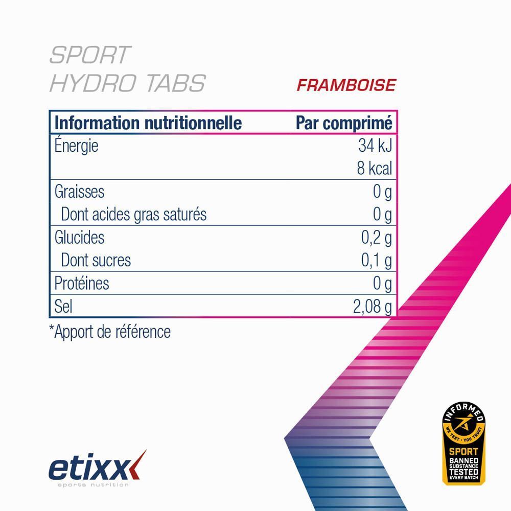 Nährwertangaben für Sport Hydro Tabs Himbeere pro Tablette: 34 kJ, 8 kcal, 0g Fett, 0,2g Kohlenhydrate, 0,1g Zucker, 0g Protein, 2,08g Salz. Informed Sport Logo.