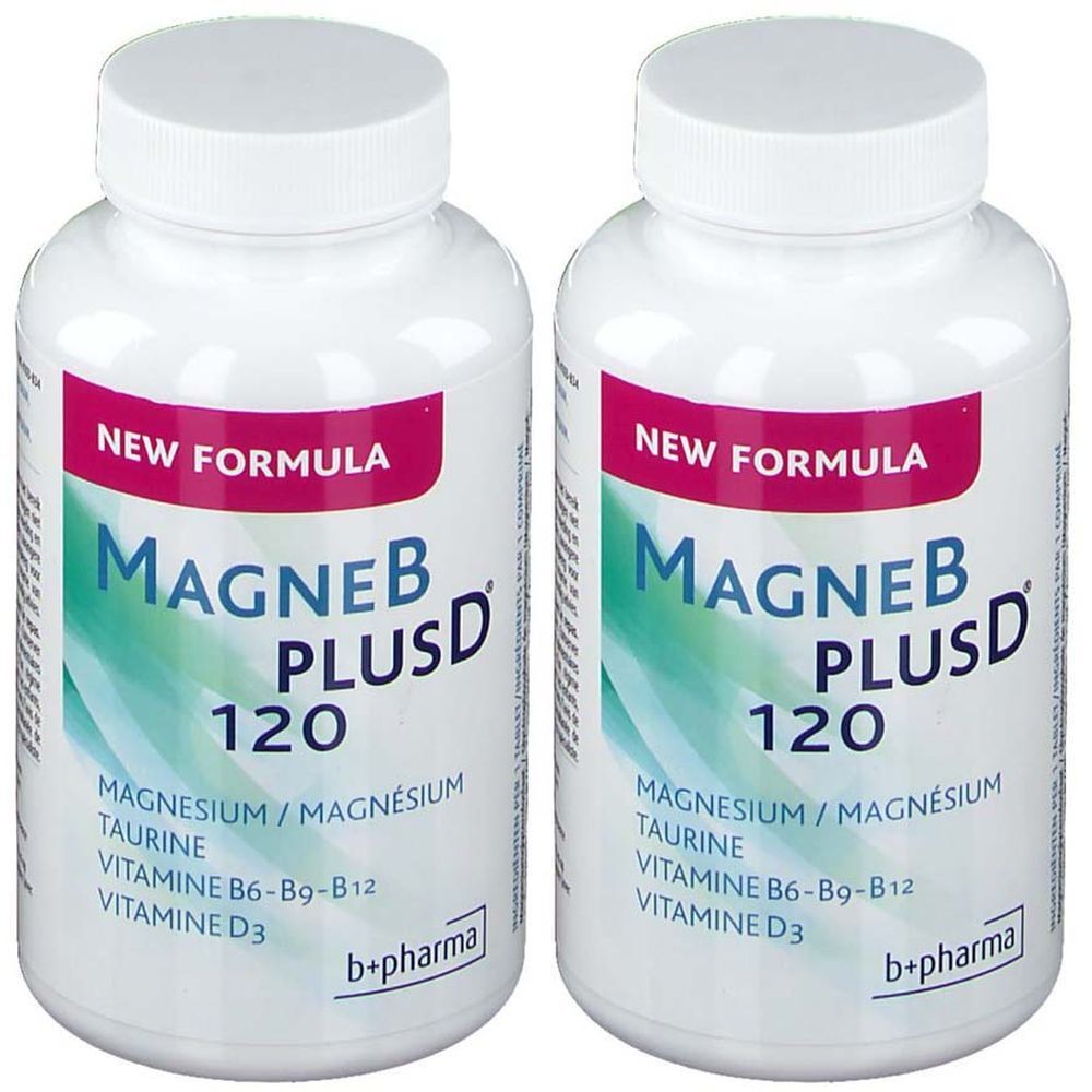 Zwei weiße Flaschen mit MagneB PlusD-Etikett. Aufschrift: NEW FORMULA, 120, Magnesium, Taurin, Vitamin B6-B9-B12, Vitamin D3.
