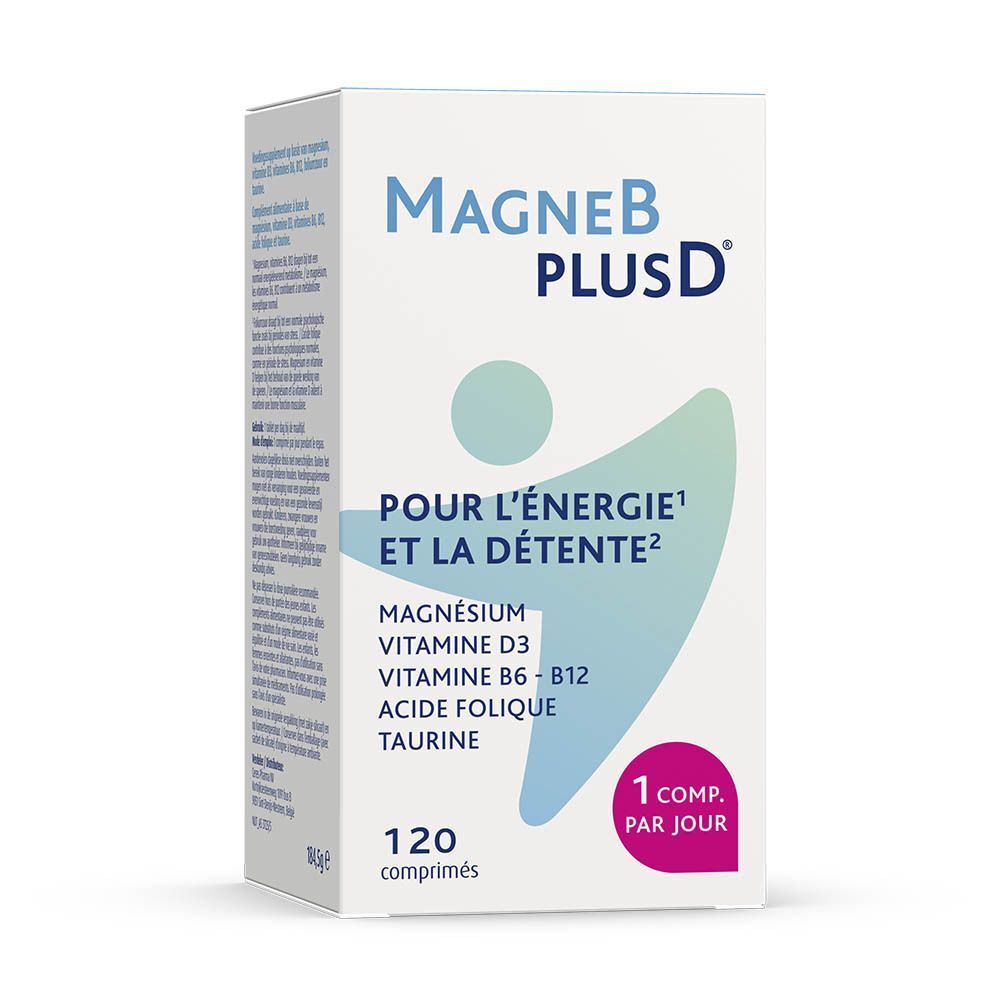 Boîte MagneB PlusD. Inscription : POUR L'ÉNERGIE ET LA DÉTENTE, 120 comprimés. Contient magnésium, vitamine D3, B6-B12, acide folique, taurine.