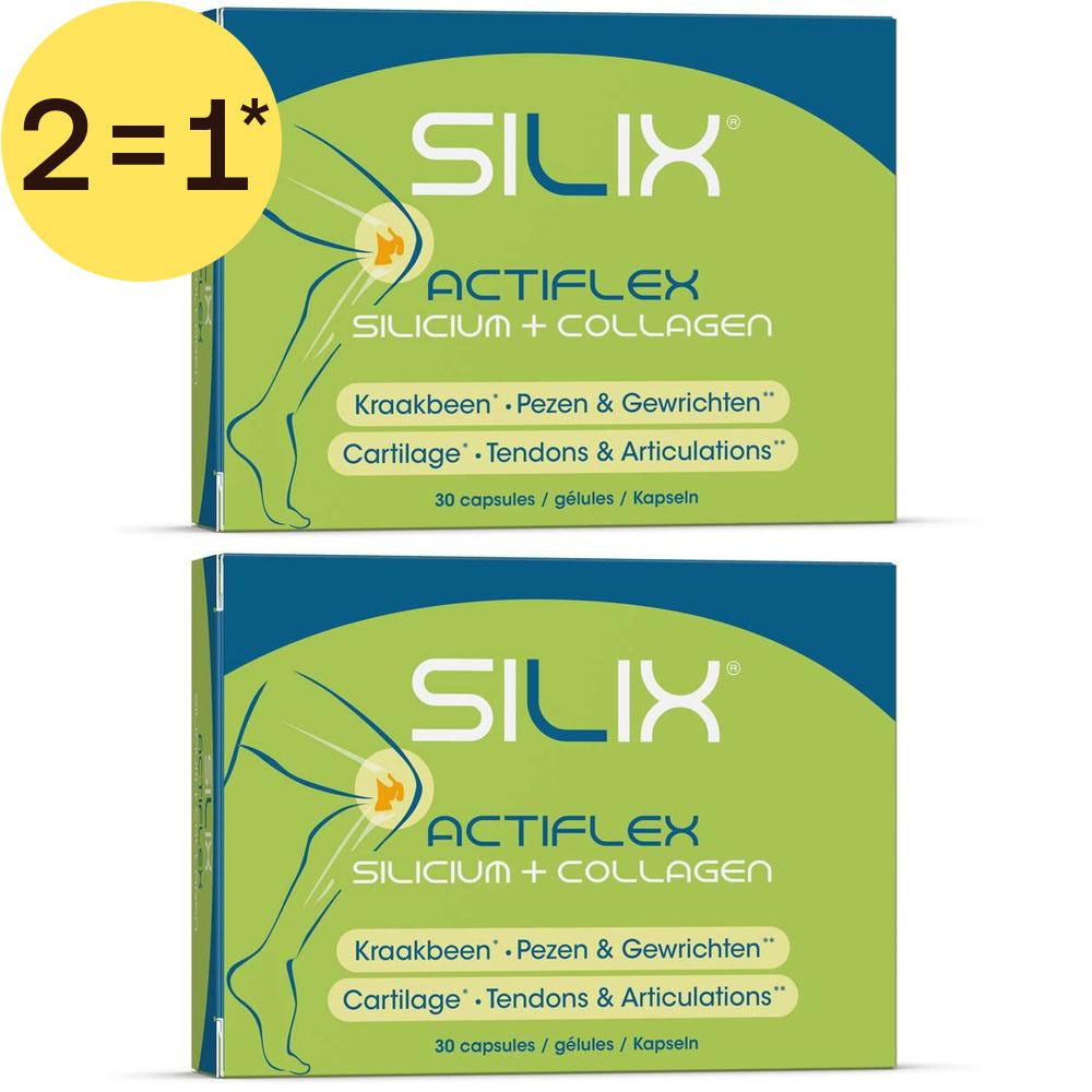 Deux boîtes de Silix Actiflex. Emballage vert et blanc avec nom et logo du produit. Inscription : 'Nouveau'.