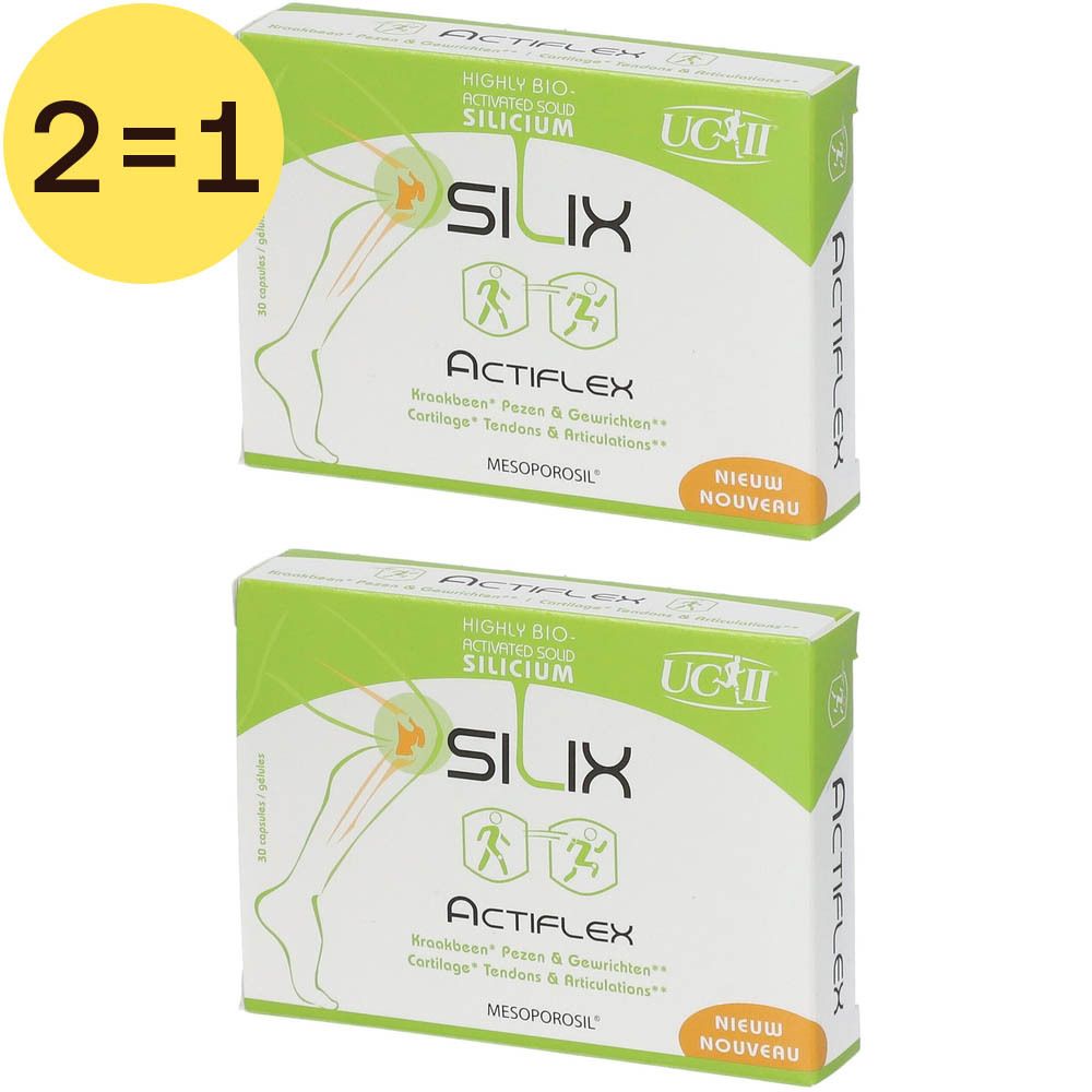 Zwei Packungen Silix Actiflex. Grün-weiße Verpackung mit Produktnamen und Logo. Aufschrift: 'Nieuw'.
