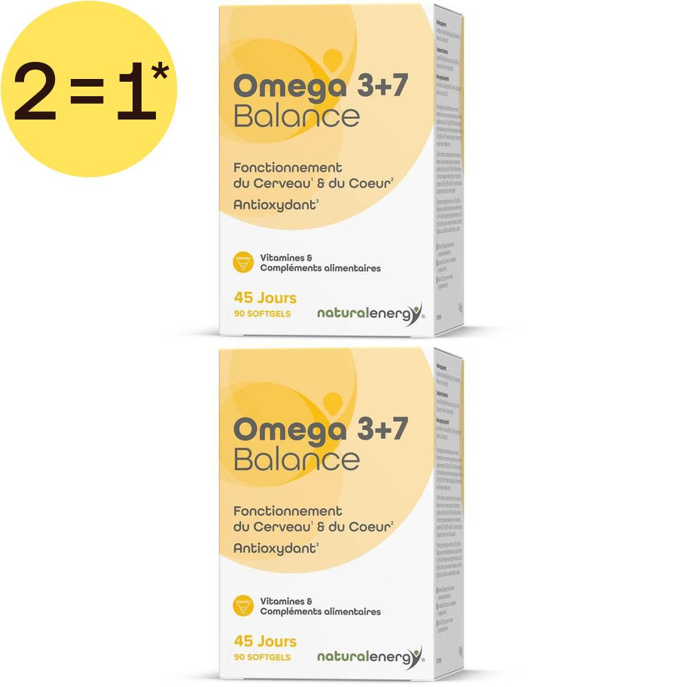 Deux boîtes "Omega 3+7 Balance" de 90 softgels chacune. Emballage français.
