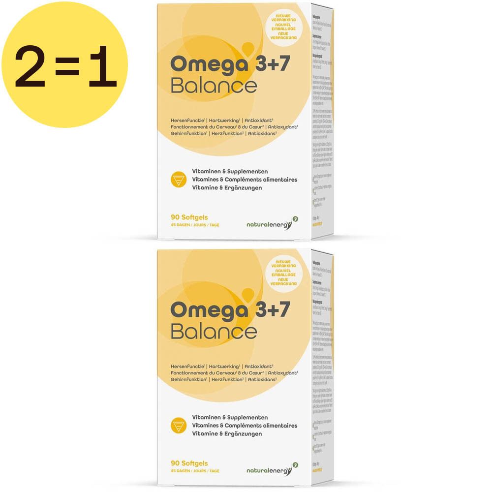 Zwei Packungen "Omega 3+7 Balance" mit je 90 Softgels. Angebot "2=1".