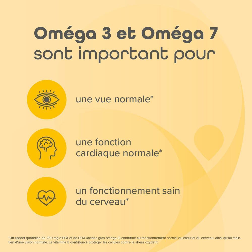 Deux boîtes "Omega 3+7 Balance" pour 45 jours (90 softgels). Emballage français.