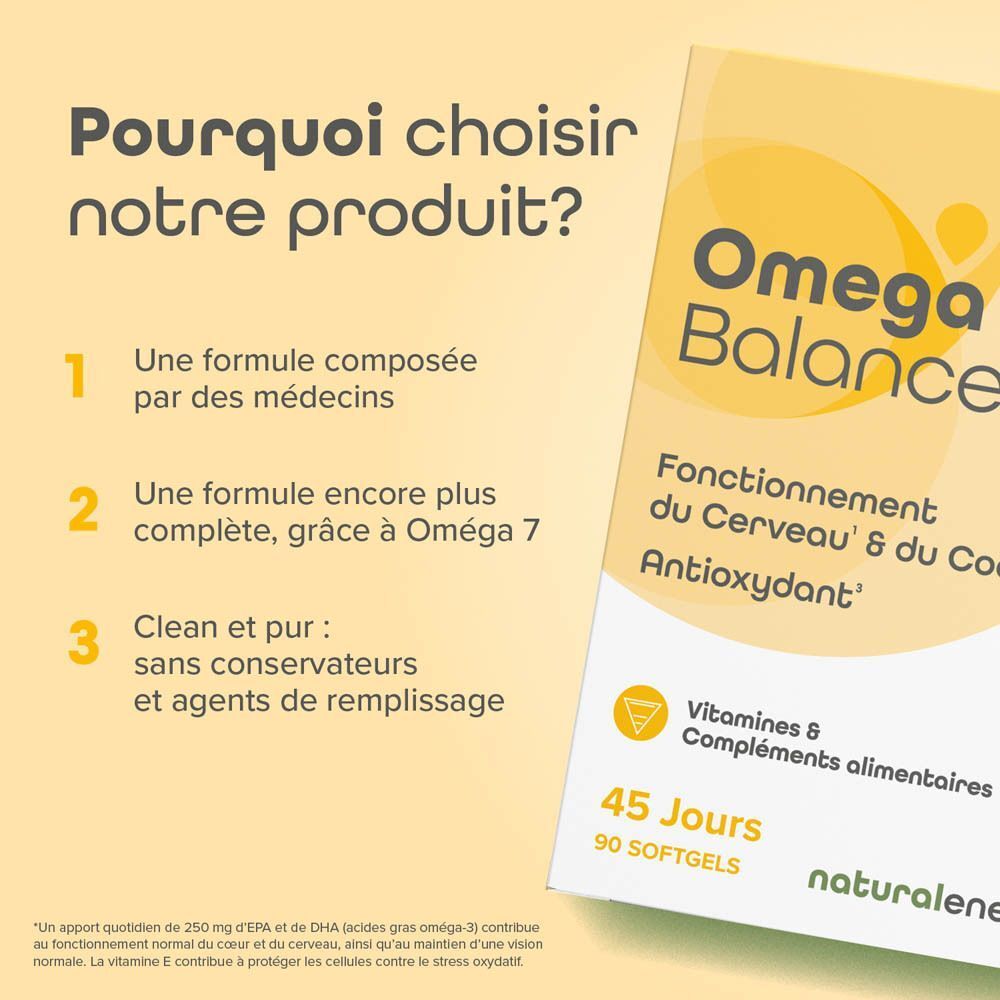 Femme allongée dans l'herbe, tenant un avocat. Logo "Omega 3+7". Texte français.