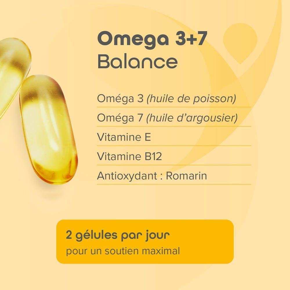 Liste de questions et boîte "Omega 3+7 Balance". Textes français.