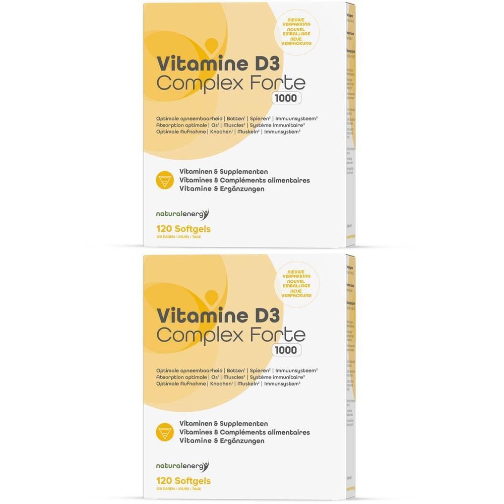Packung "Natural Energy Vitamin D3 Complex Forte 1000" mit 120 Softgels. "2=1" Angebot.