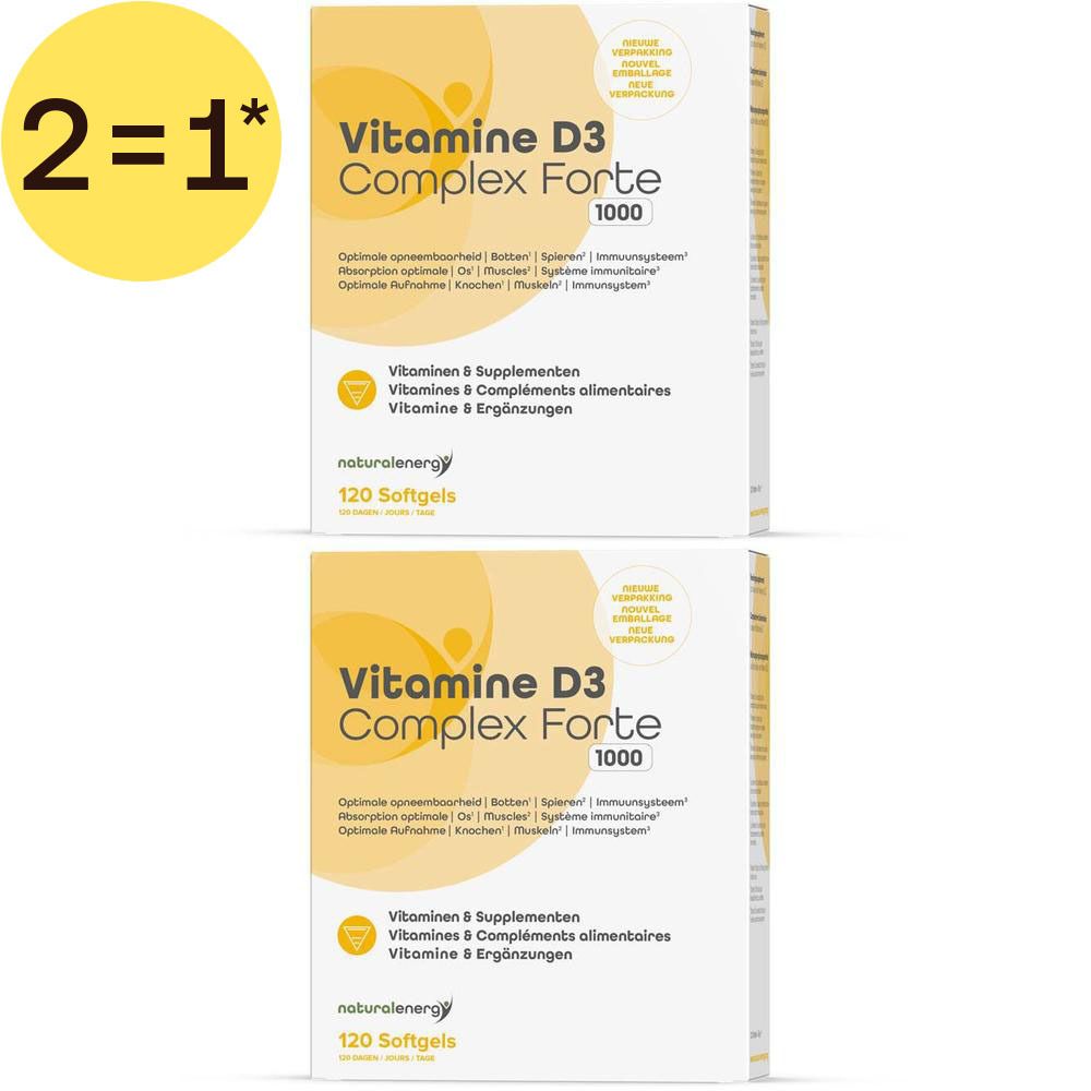 Deux boîtes "Natural Energy Vitamine D3 Complex Forte 1000" de 120 softgels chacune.