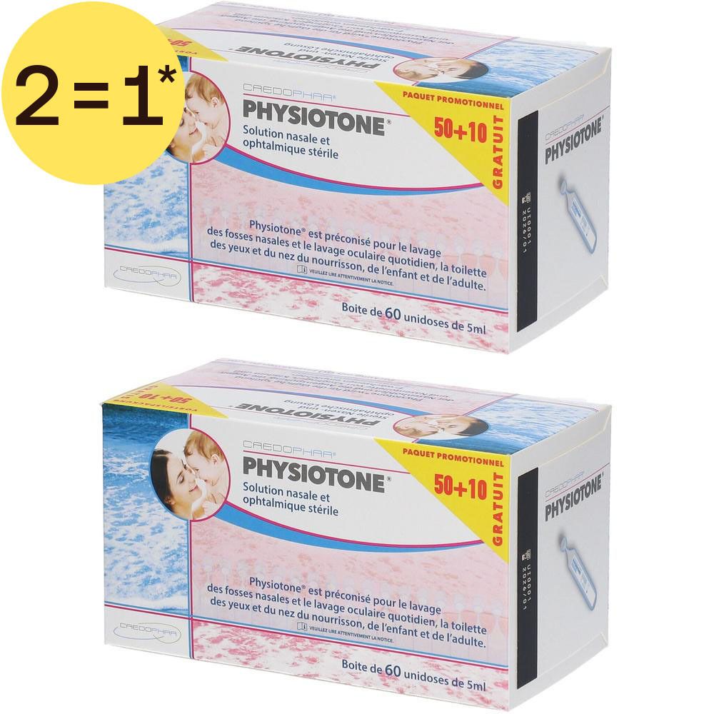Deux boîtes de CREDOPHAR Physiotone®. Inscription: Physiotone® solution nasale et ophtalmique stérile. Offre promotionnelle.