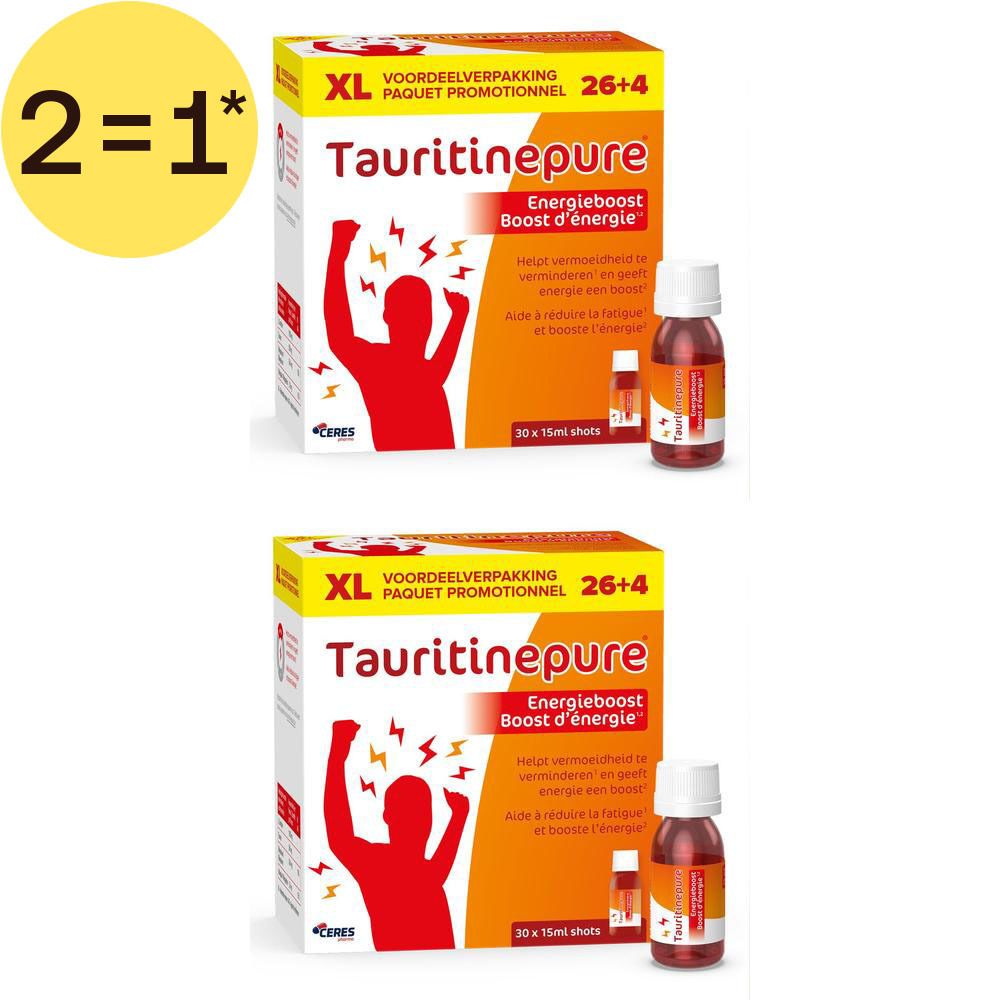 Deux boîtes de TAURITINE PLUS® Magnesium. Inscription : Boost d'énergie. Emballage rouge et blanc avec une silhouette et des éclairs.