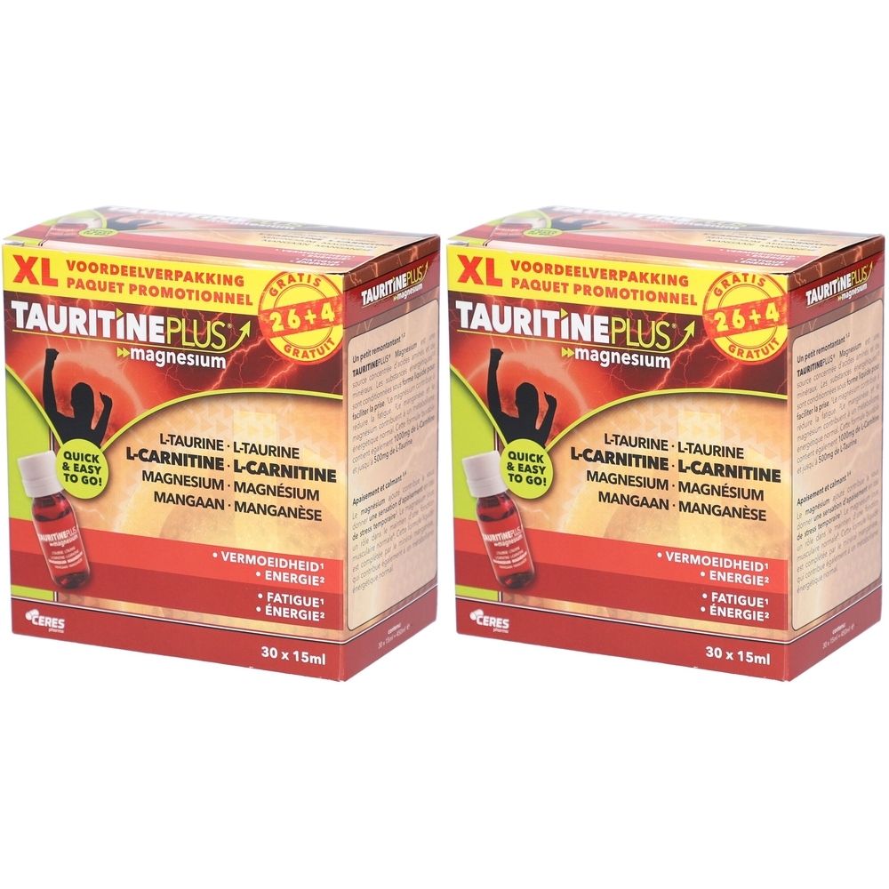 Zwei Kartons TAURITINE PLUS® Magnesium. Aufdrucke: L-Carnitin, Magnesium, Mangan. Rote und weiße Verpackung mit Abbildung einer Person.