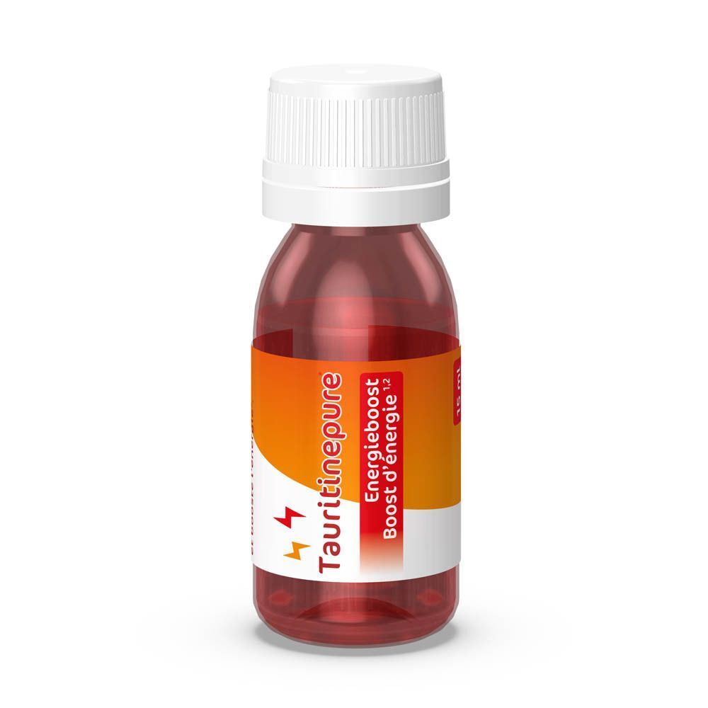 Flacon transparent contenant un liquide rouge. Inscription : TAURITINE pure, Boost d'énergie. Bouchon et étiquette blancs.
