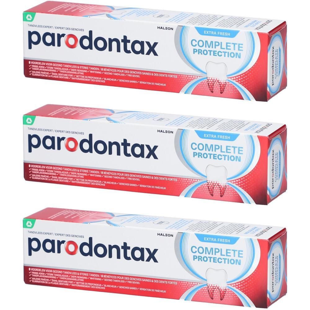 Drei Zahnpasta-Packungen. Rote und weiße Schachteln mit Produktnamen und Logo. "Extra Frische" und "Complete Protection" Text.
