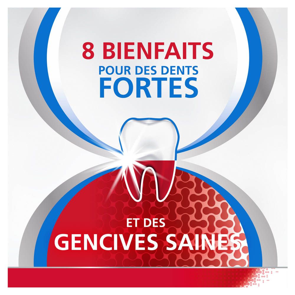 Gros plan sur une dent et des gencives. Texte : "8 bienfaits pour des dents fortes et des gencives saines".