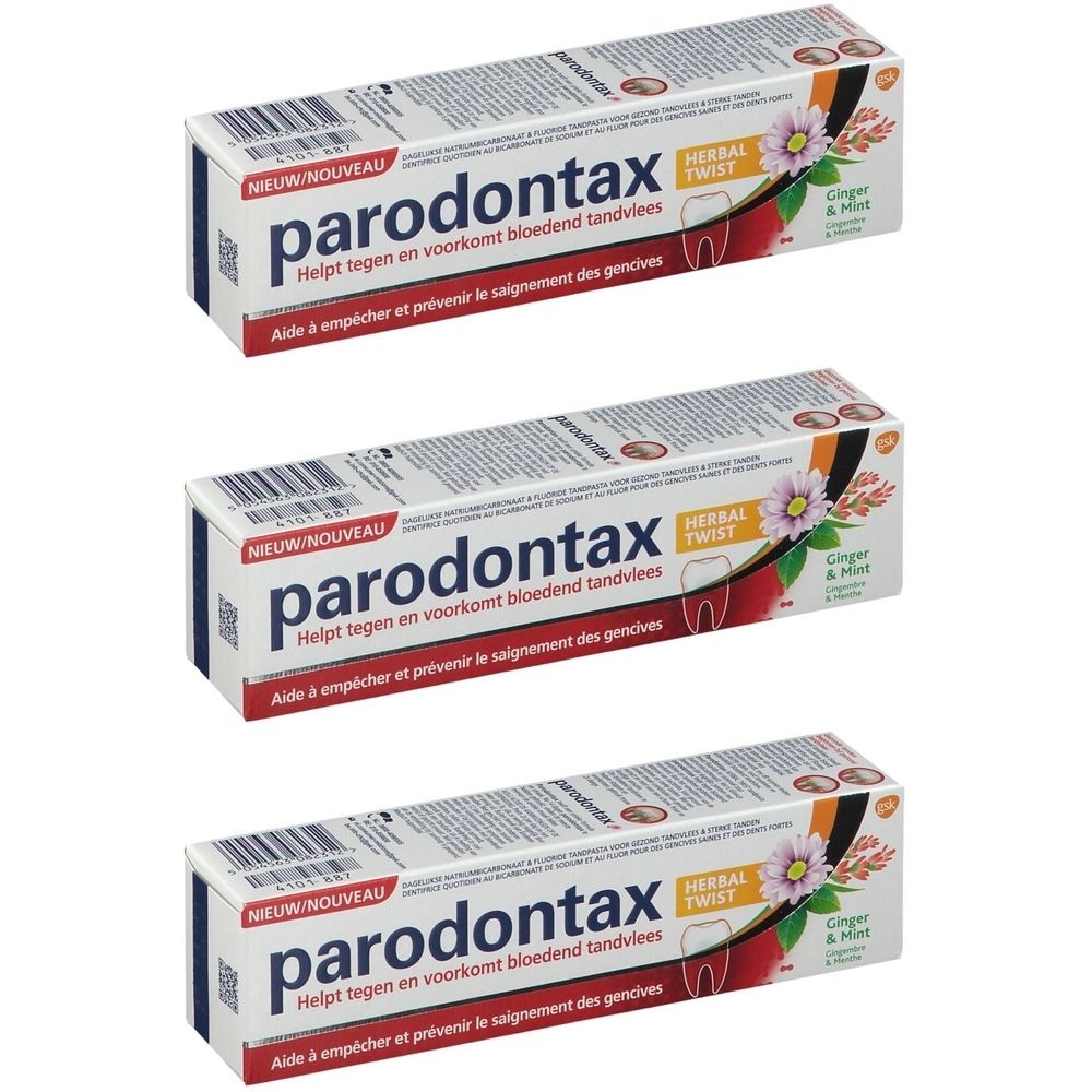 Trois boîtes de dentifrice parodontax Herbal Twist. Emballage blanc et bleu avec nom du produit, illustrations et texte.